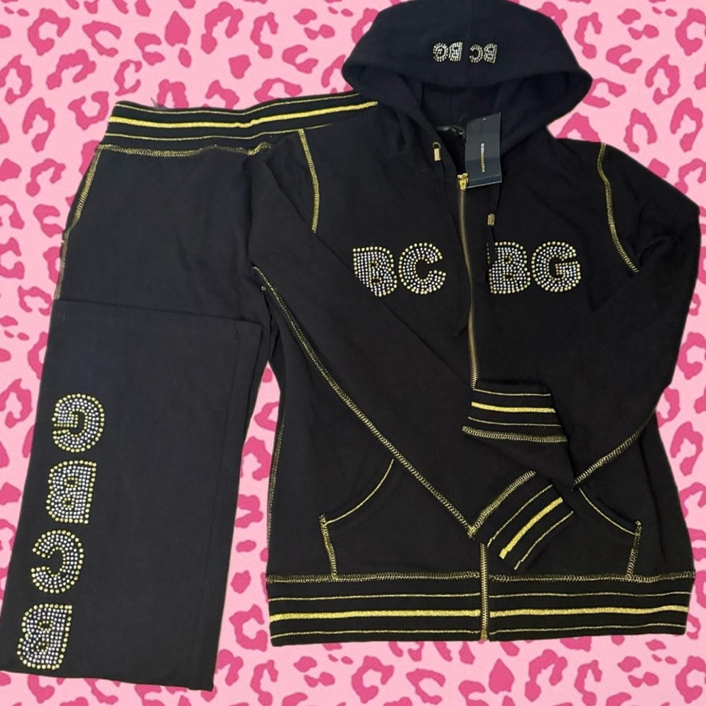 BCBG Black & Gold Rhinestone Logo Track Hoodie Set
